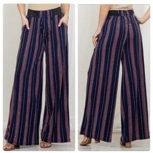 Boho Wide Leg Striped Palazzo Pants W/Pockets Navy & Pink-NEW-ONE SIZE